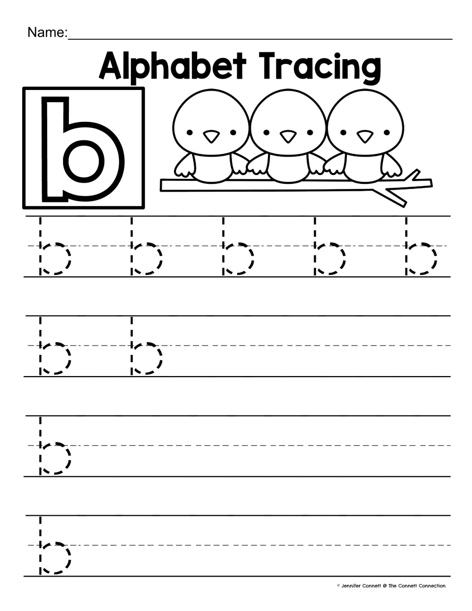 Lowercase b tracing: students trace 9 dotted b's and practise writing b, shown with three birds perched on a branch