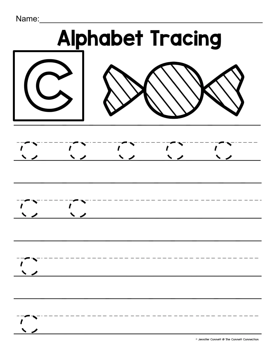 Lowercase c tracing: students trace 9 dotted c's and form the curved letter on their own, next to a wrapped candy picture