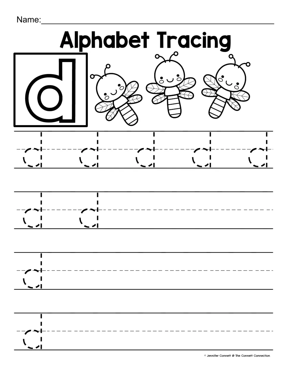 Lowercase d tracing: students trace 9 dotted d's and then write d independently, with three smiling dragonflies