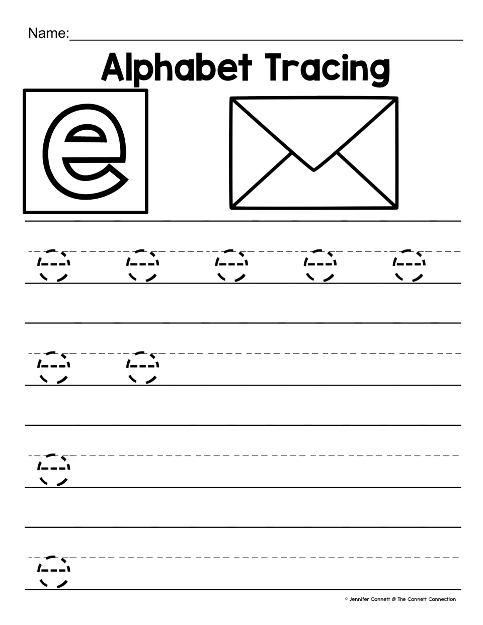 Lowercase e tracing: students trace 9 dotted e's and then copy the letter e on their own, shown beside an envelope picture