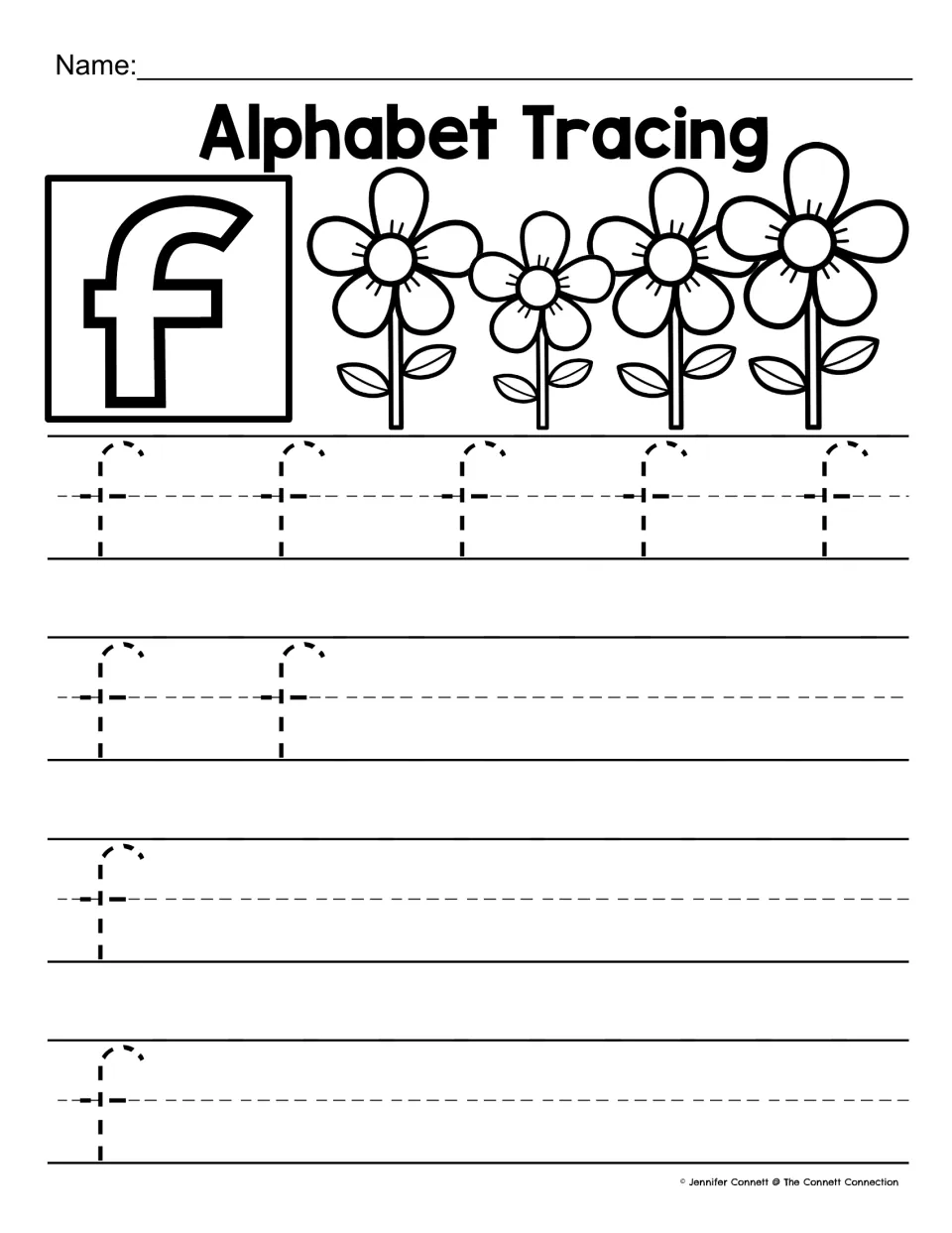 Lowercase f tracing: students trace 9 dotted f's with the hooked top and crossbar, then write f, shown with four flowers