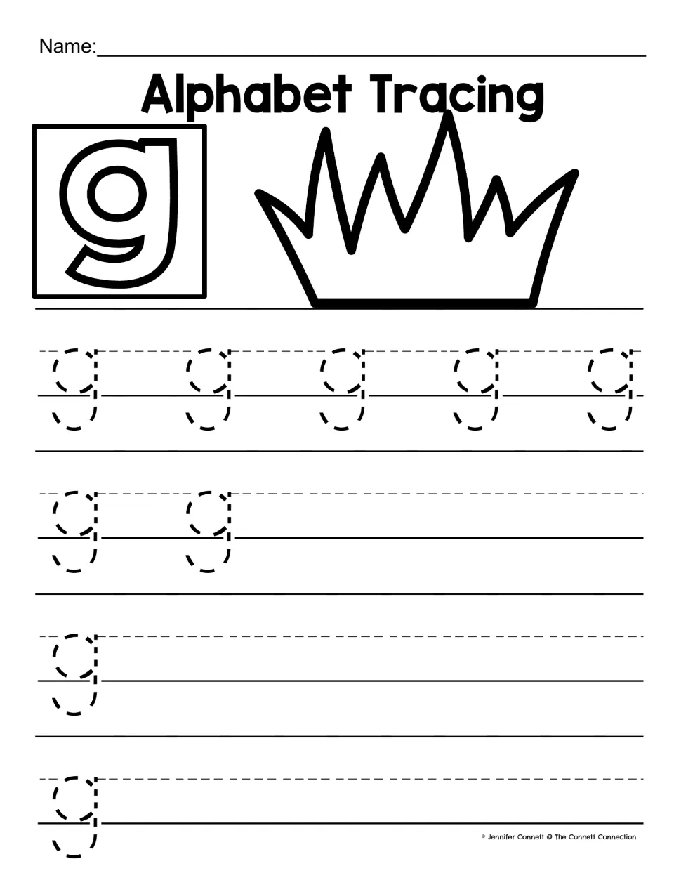 Lowercase g tracing: students trace 9 dotted g's whose tails dip below the baseline, then write g, with a crown picture