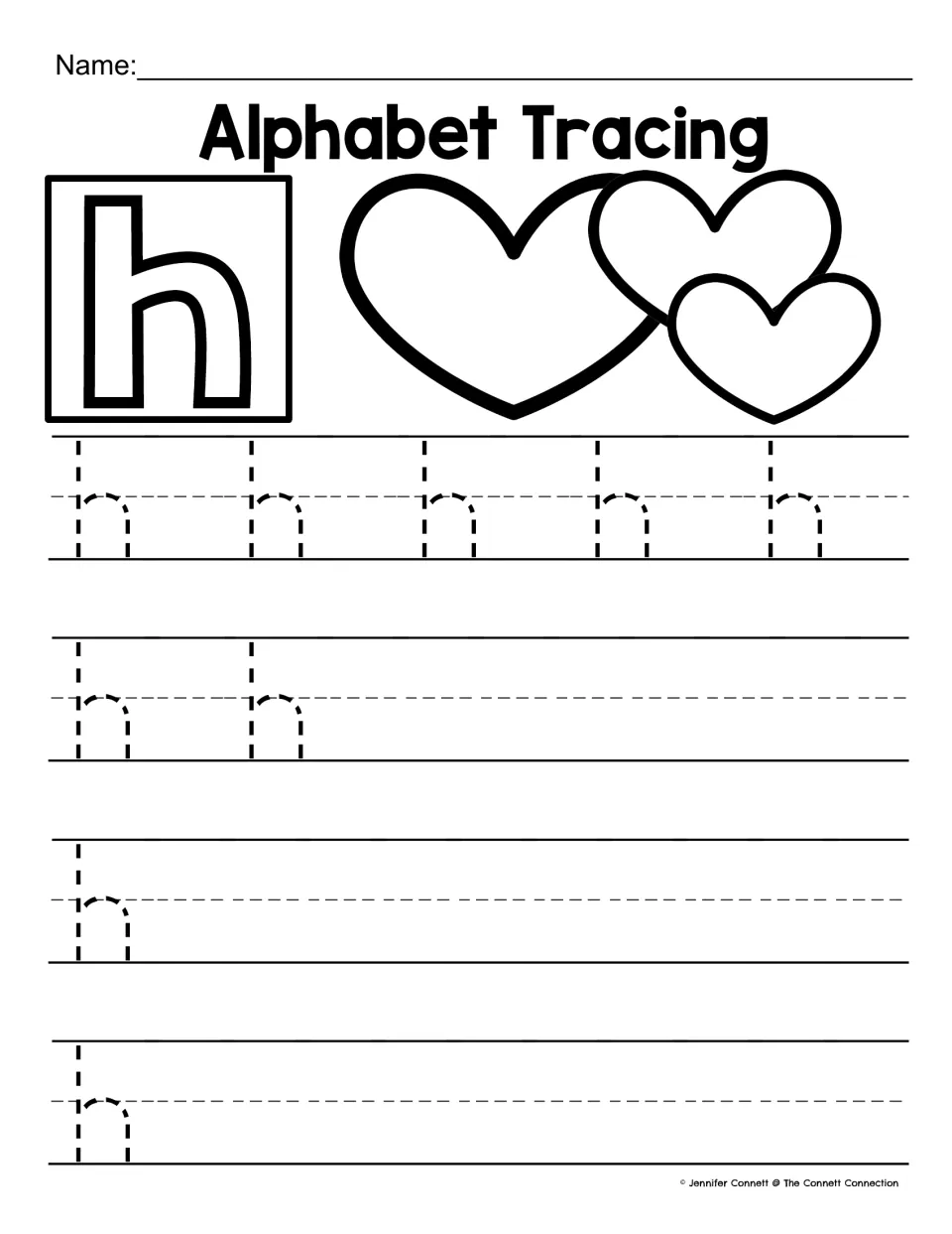 Lowercase h tracing: students trace 9 dotted h's, tall stem then hump, and write h on their own, next to three hearts