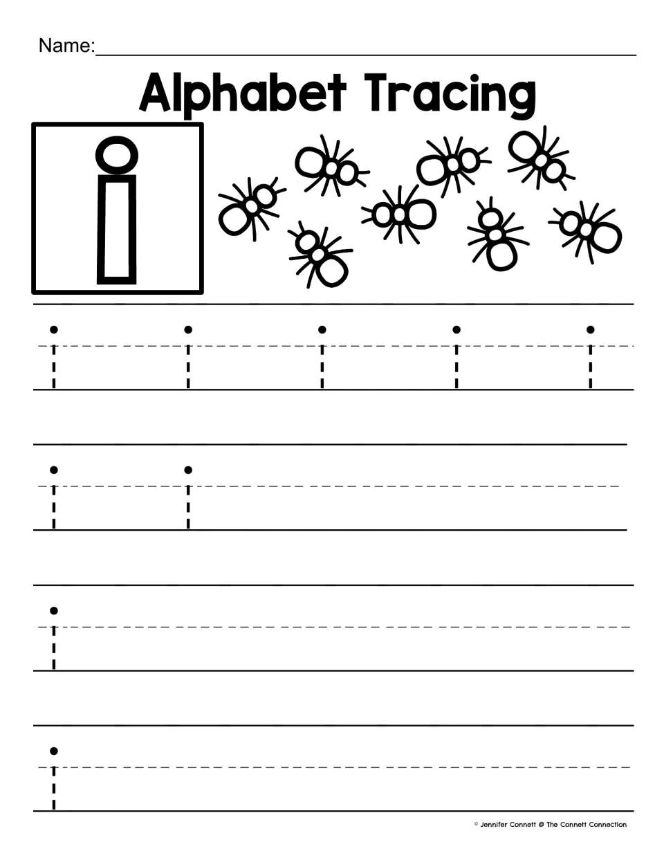 Lowercase i tracing: students trace 9 dotted i's, adding the dot on top of each, then write i, with a group of insects