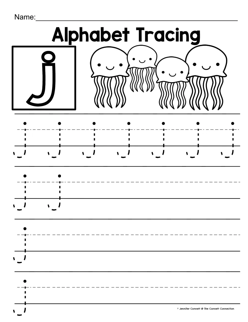 Lowercase j tracing: students trace 11 dotted j's with a dot and hooked tail, then write j, beside four smiling jellyfish