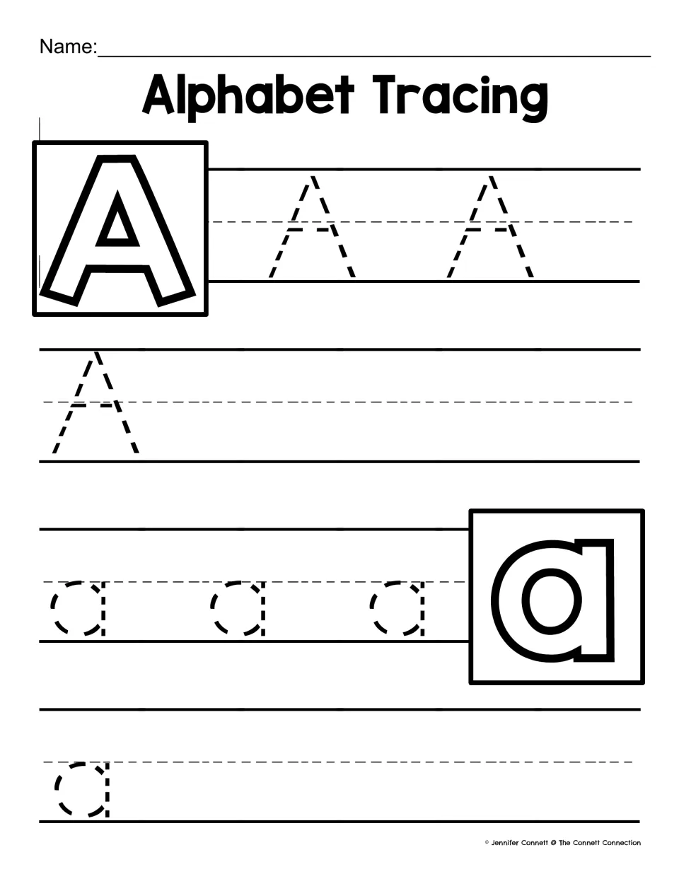 Letter A tracing: students trace 3 dotted capital A's and 4 lowercase a's beside a large outlined model of each form