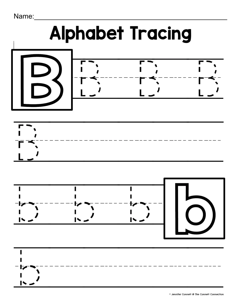 Letter B tracing: children follow dashed strokes to form 4 uppercase B's and 4 lowercase b's, guided by bold model letters