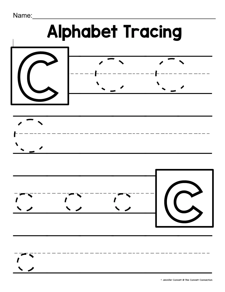 Letter C tracing: students trace 3 dashed capital C's and 4 lowercase c's, practising the curved stroke both sizes share