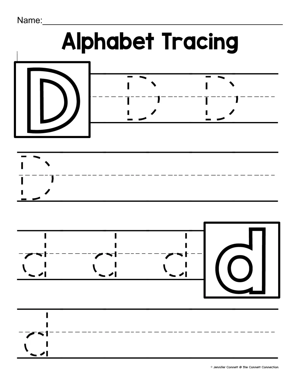 Letter D tracing: learners trace 3 dashed capital D's and 4 lowercase d's, copying the outlined D and d models on the page