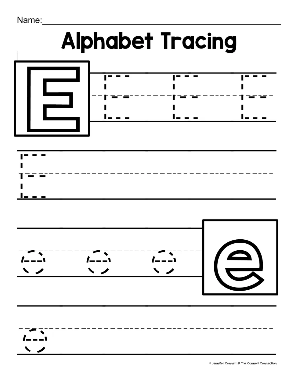 Letter E tracing: students trace 4 dotted capital E's with three crossbars and 4 lowercase e's beside large E and e models