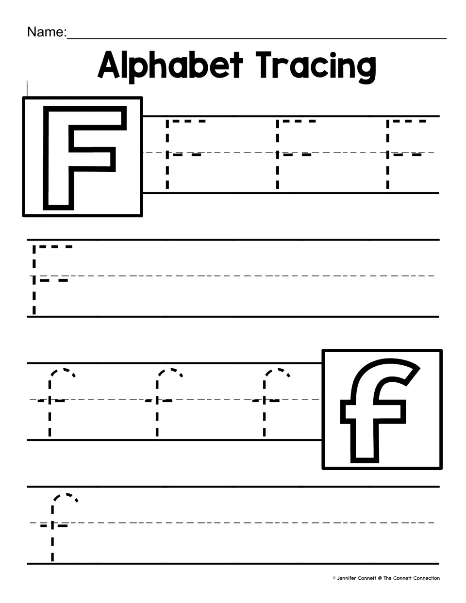 Letter F tracing: children trace 4 dashed capital F's and 4 lowercase f's with a curved top and crossbar