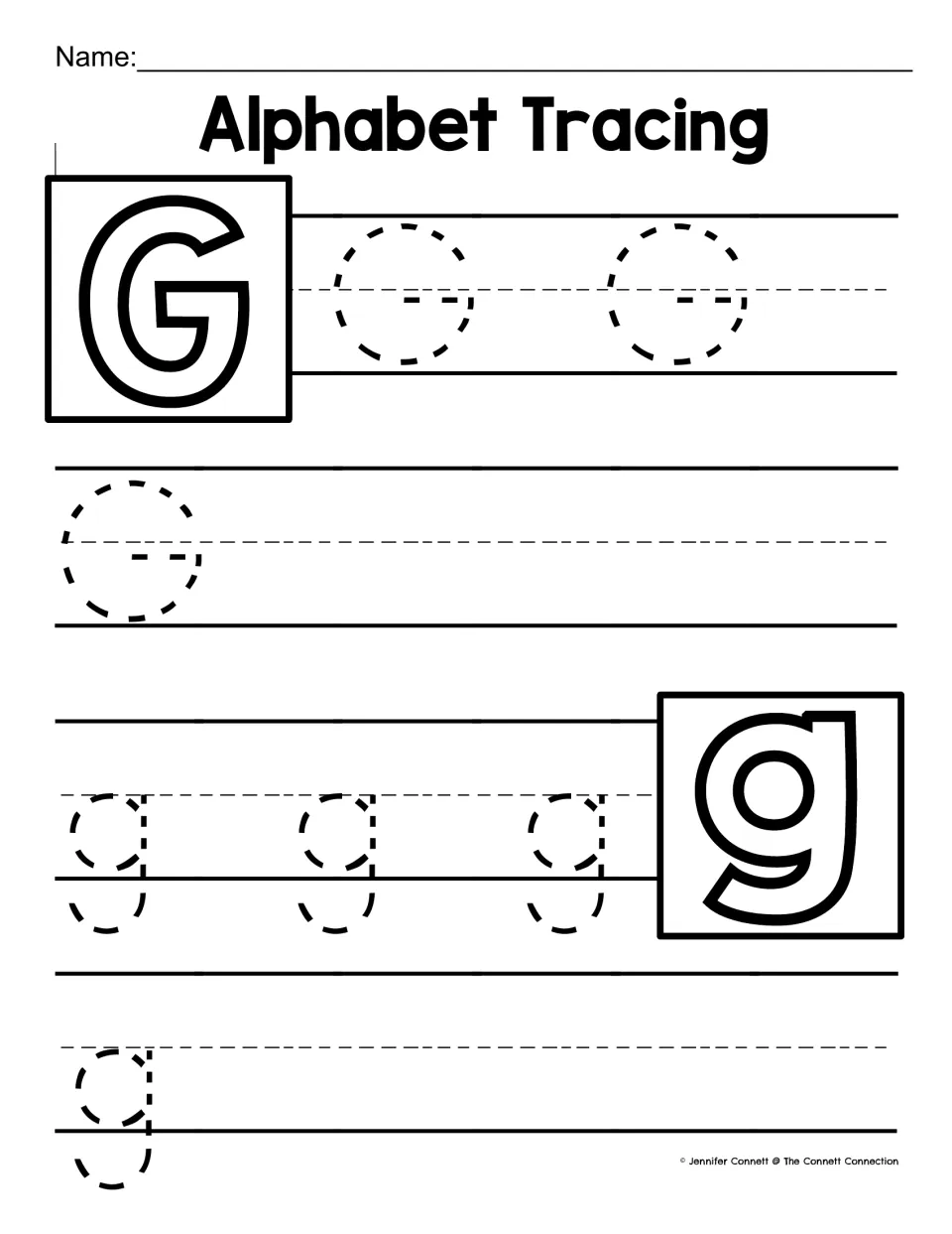 Letter G tracing: students trace 3 dashed capital G's and 4 lowercase g's whose tails drop below the baseline