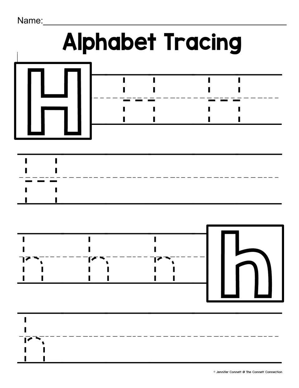 Letter H tracing: learners trace 3 dashed capital H's and 4 lowercase h's, practising tall straight strokes and a hump