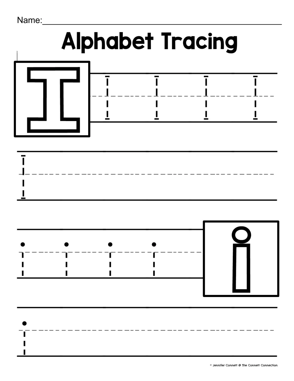 Letter I tracing: students trace 5 dashed capital I's with top and bottom bars and 5 dotted lowercase i's