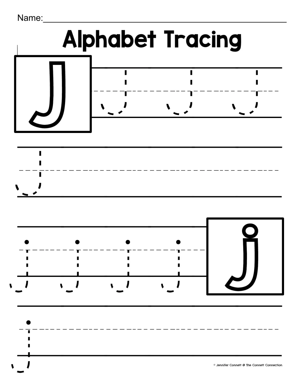 Letter J tracing: children trace 4 hooked capital J's and 5 dotted lowercase j's that curve below the baseline