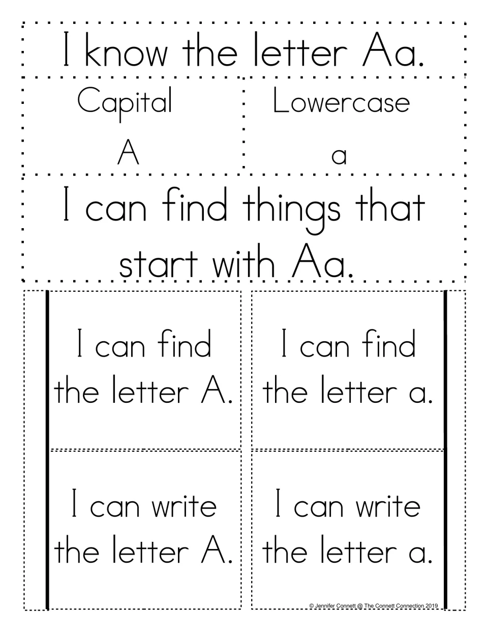 Alphabet notebook template for Aa: capital A, lowercase a, beginning sounds, and find-and-write letter tabs.