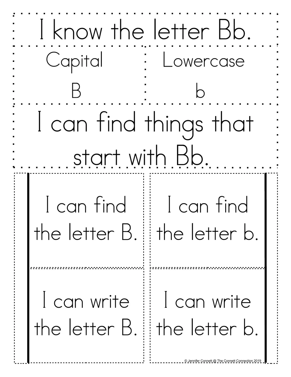 Alphabet notebook template for Bb: capital B, lowercase b, beginning sounds, and find-and-write letter tabs.