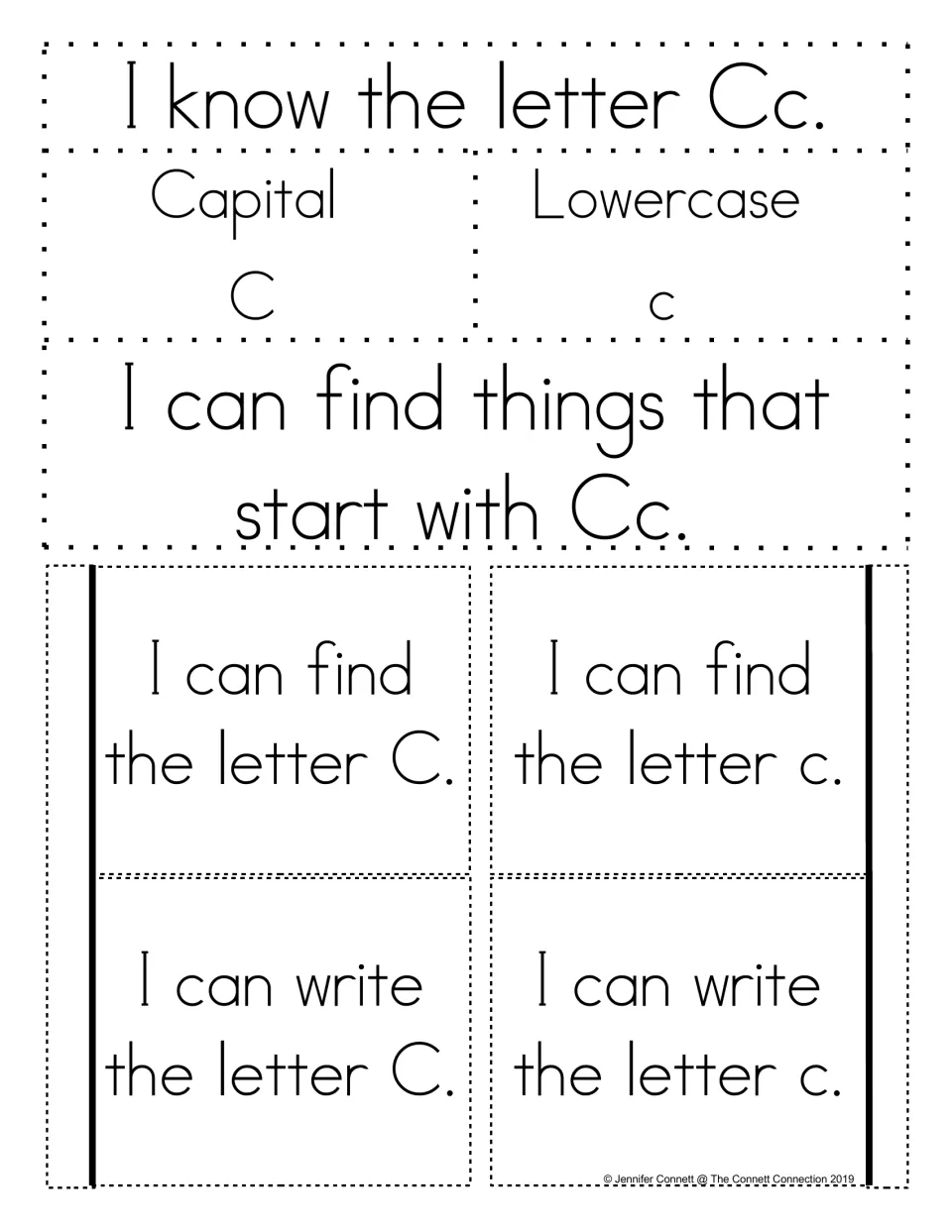Alphabet notebook template for Cc: capital C, lowercase c, beginning sounds, and find-and-write letter tabs.