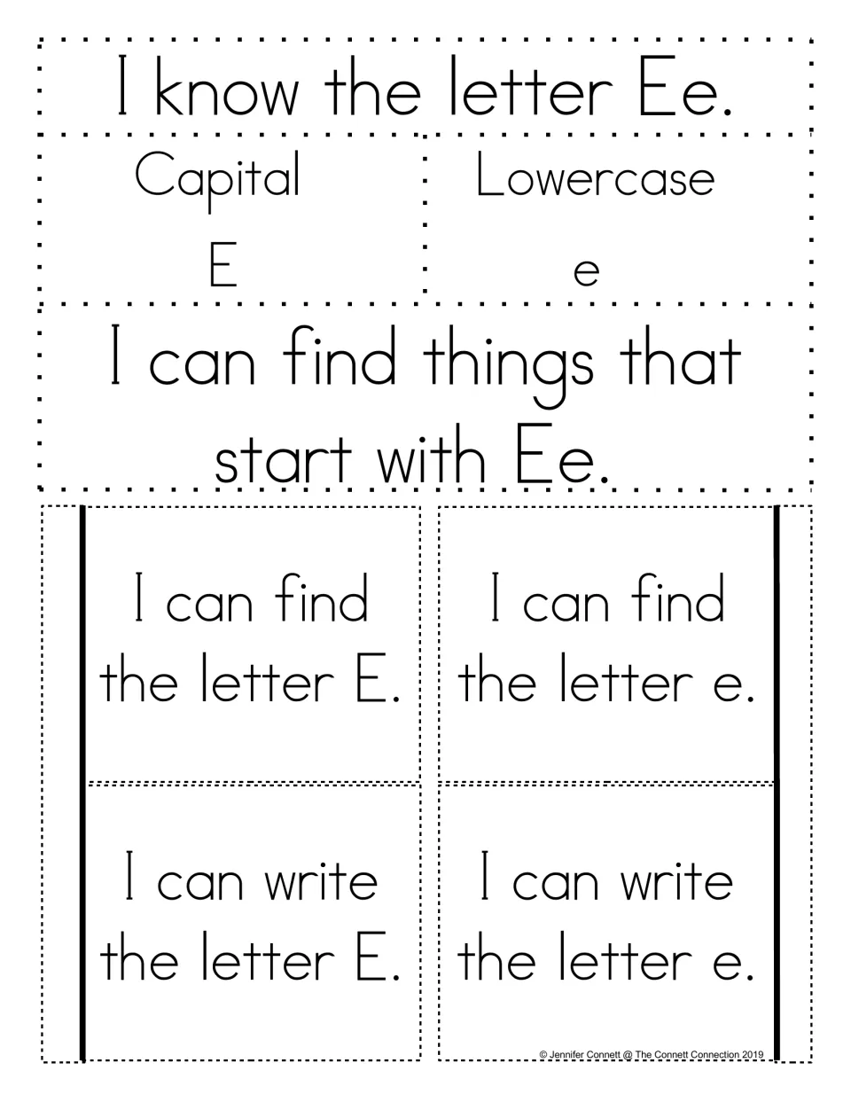 Alphabet notebook template for Ee: capital E, lowercase e, beginning sounds, and find-and-write letter tabs.