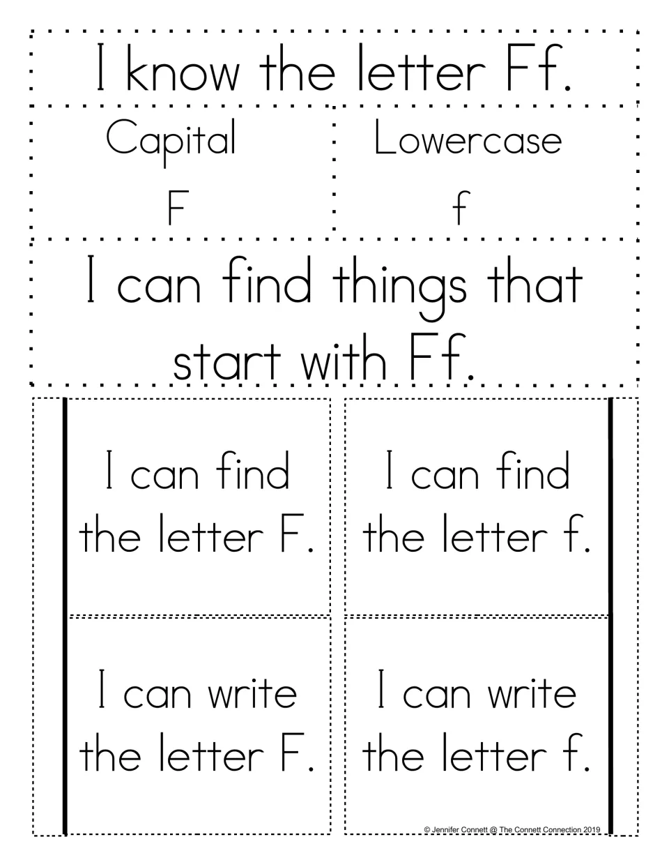 Alphabet notebook template for Ff: capital F, lowercase f, beginning sounds, and find-and-write letter tabs.