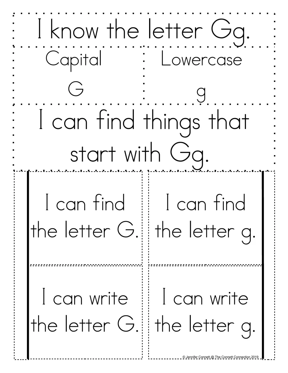 Alphabet notebook template for Gg: capital G, lowercase g, beginning sounds, and find-and-write letter tabs.