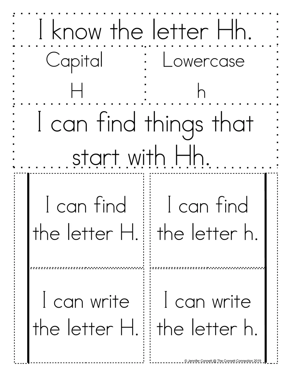 Alphabet notebook template for Hh: capital H, lowercase h, beginning sounds, and find-and-write letter tabs.