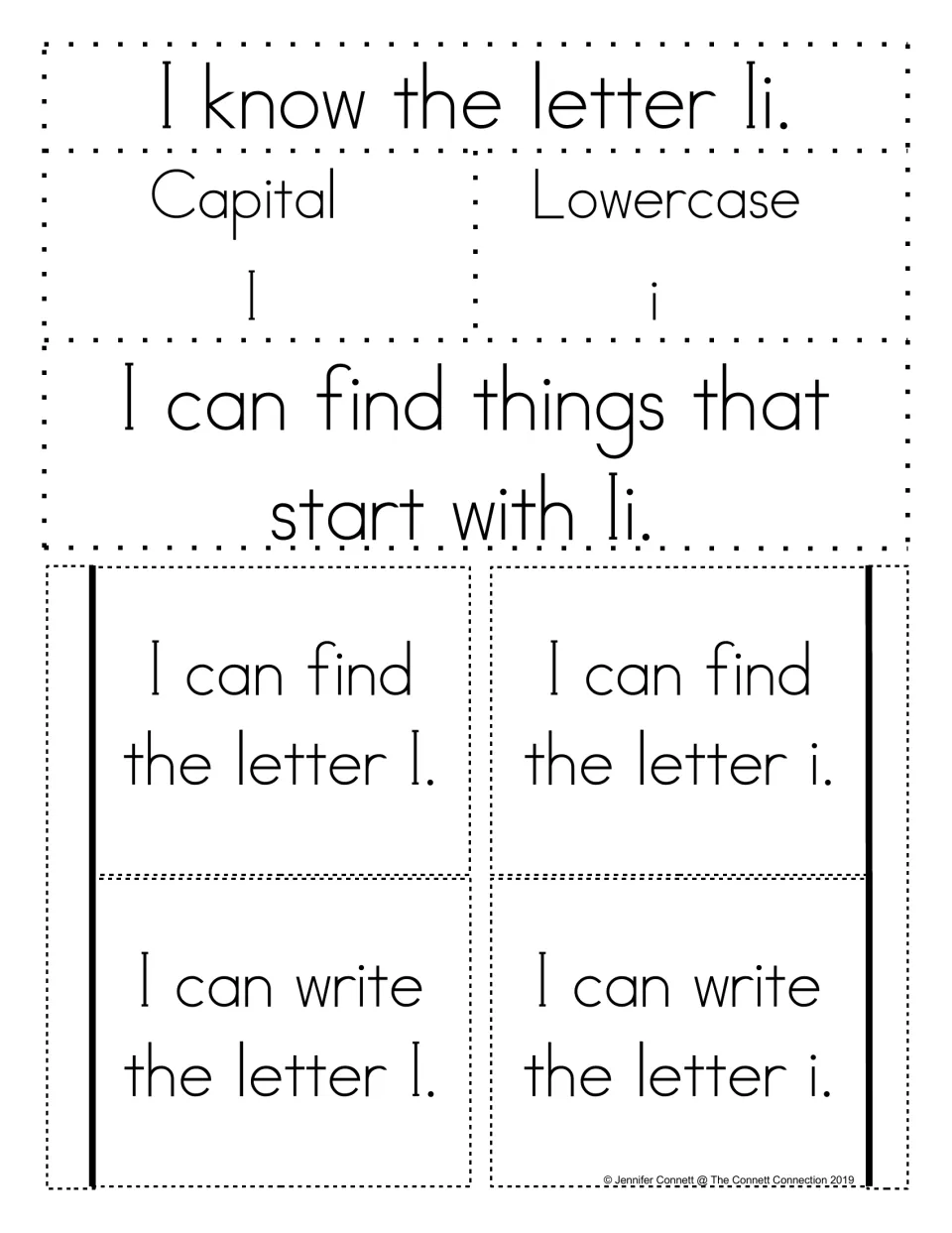 Alphabet notebook template for Ii: capital I, lowercase i, beginning sounds, and find-and-write letter tabs.