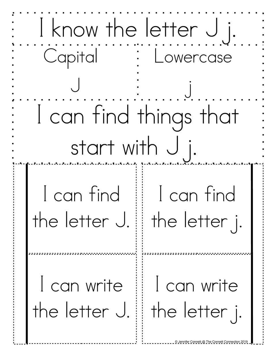 Alphabet notebook template for Jj: capital J, lowercase j, beginning sounds, and find-and-write letter tabs.