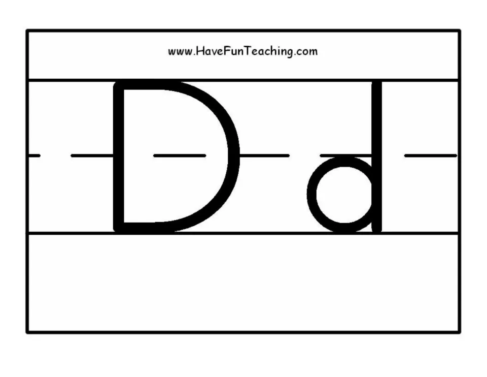 Alphabet poster for classroom display showing uppercase D and lowercase d in black and white print.