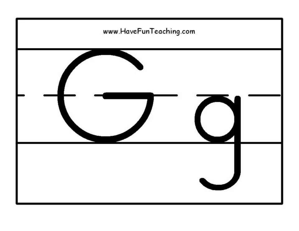 Alphabet poster for classroom display showing uppercase G and lowercase g in black and white print.