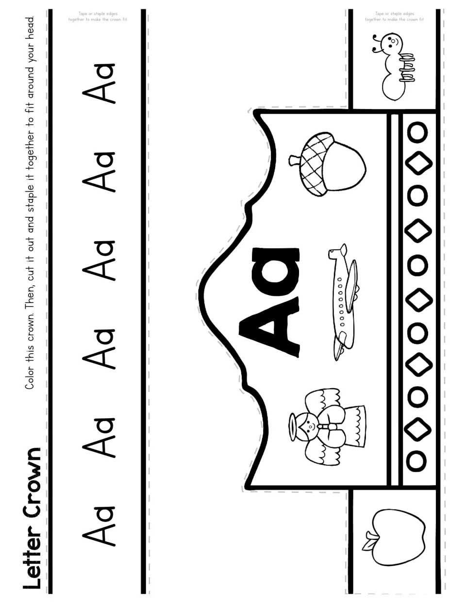 Letter A crown template has uppercase and lowercase Aa with apple, angel, airplane, acorn, and ant pictures.