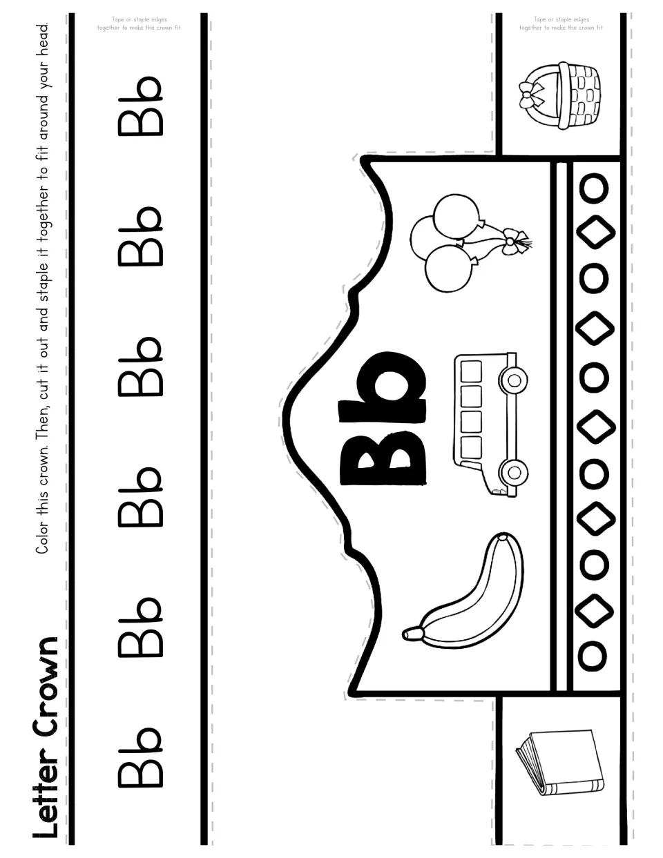 Letter B crown template has uppercase and lowercase Bb with book, banana, bus, balloons, and basket pictures.