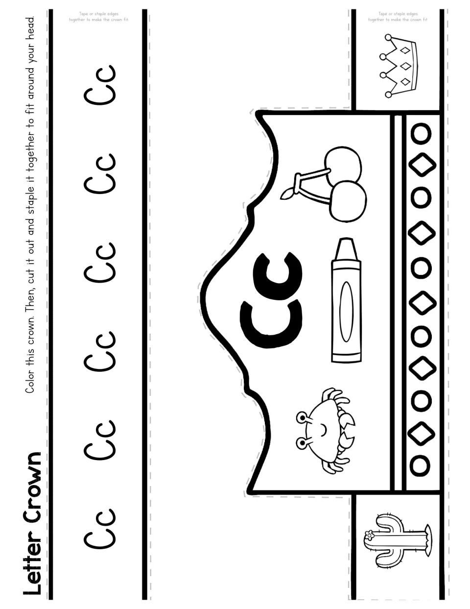 Letter C crown template has uppercase and lowercase Cc with cactus, crab, crayon, cherries, and crown pictures.