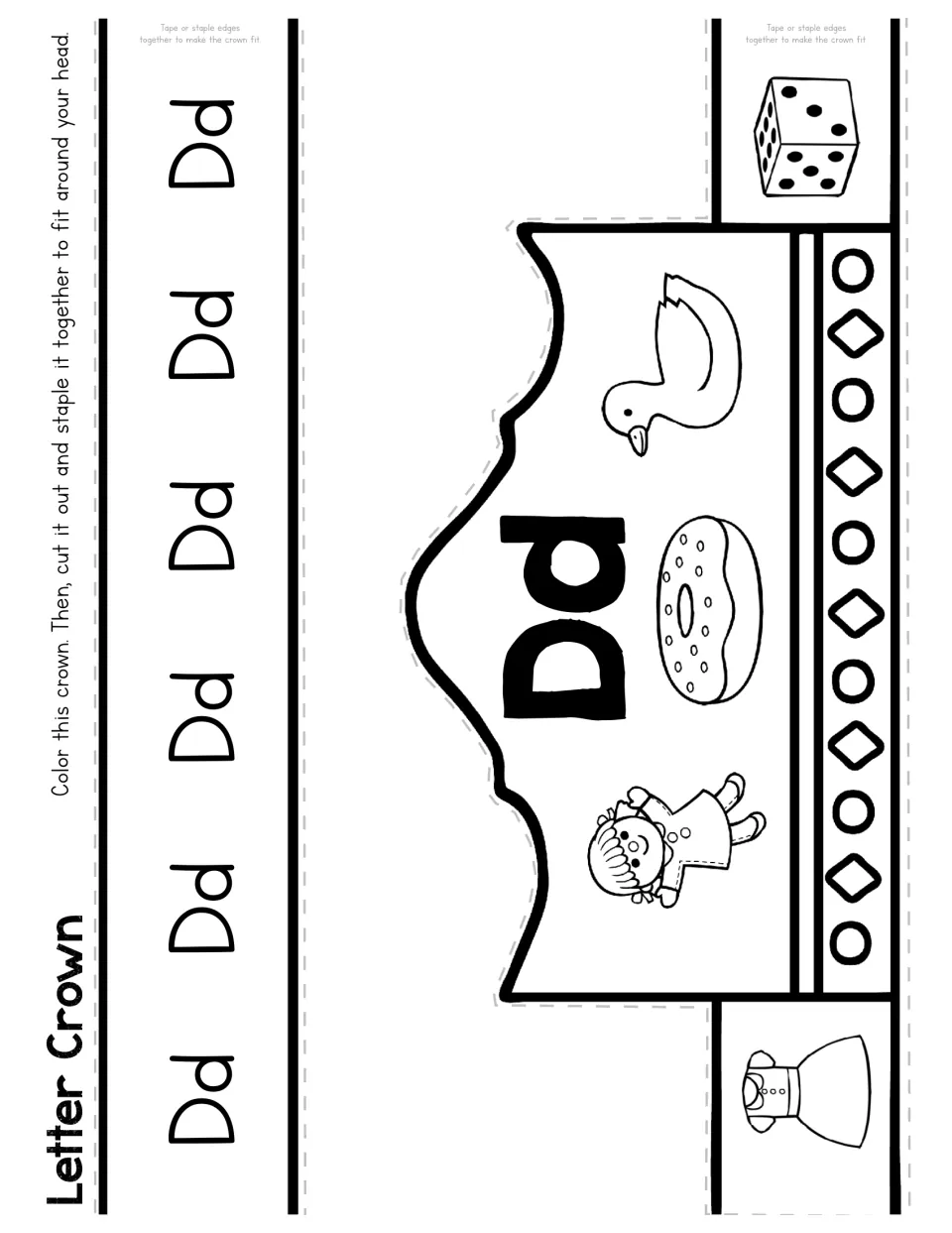 Letter D crown template has uppercase and lowercase Dd with dress, doll, doughnut, duck, and die pictures.