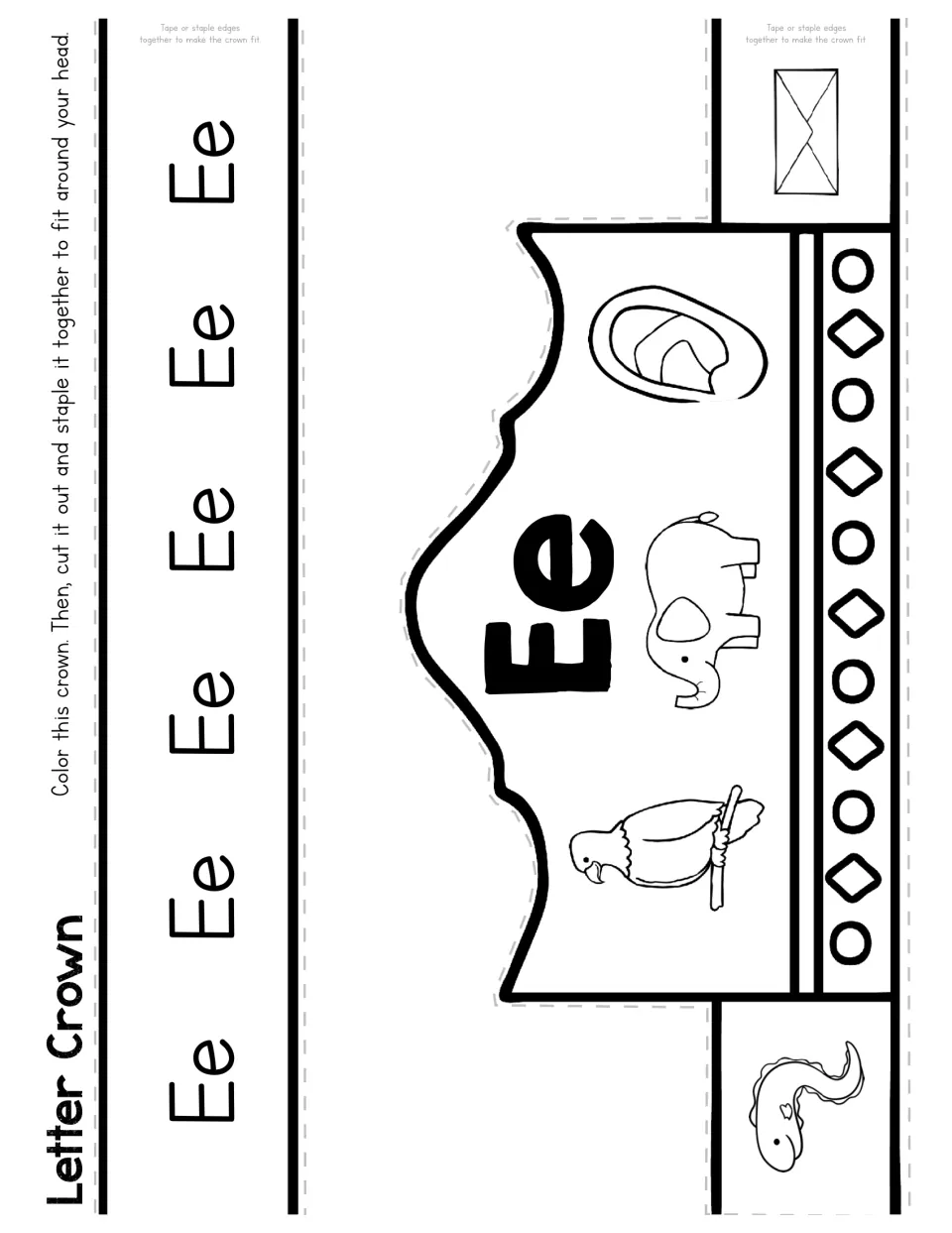 Letter E crown template has uppercase and lowercase Ee with eel, eagle, elephant, ear, and envelope pictures.