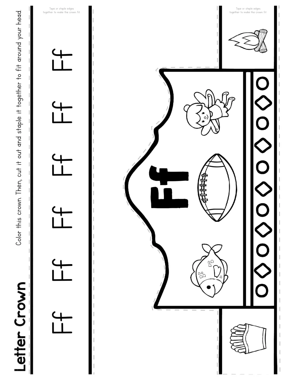 Letter F crown template has uppercase and lowercase Ff with fries, fish, football, fairy, and fire pictures.