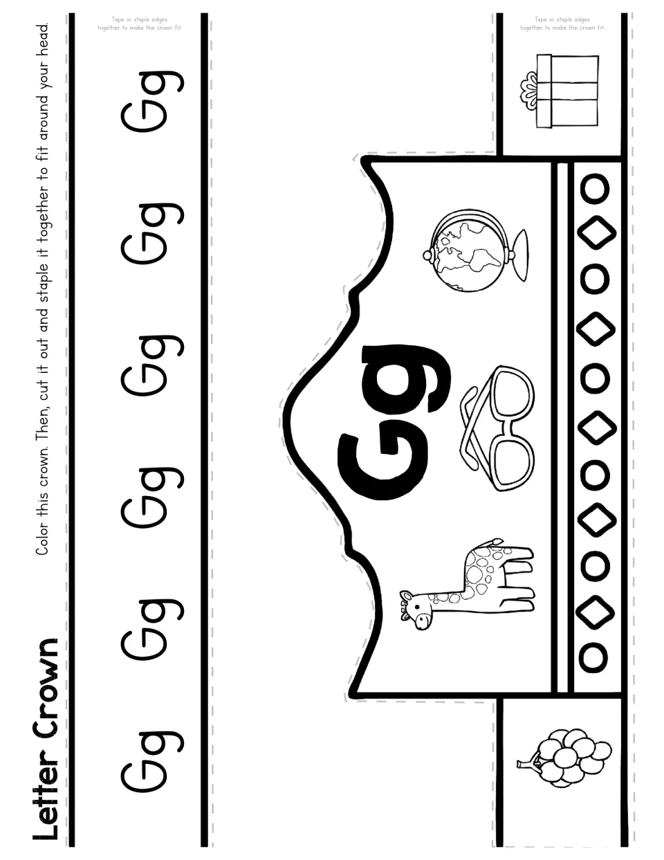 Letter G crown template has uppercase and lowercase Gg with grapes, giraffe, glasses, globe, and gift pictures.