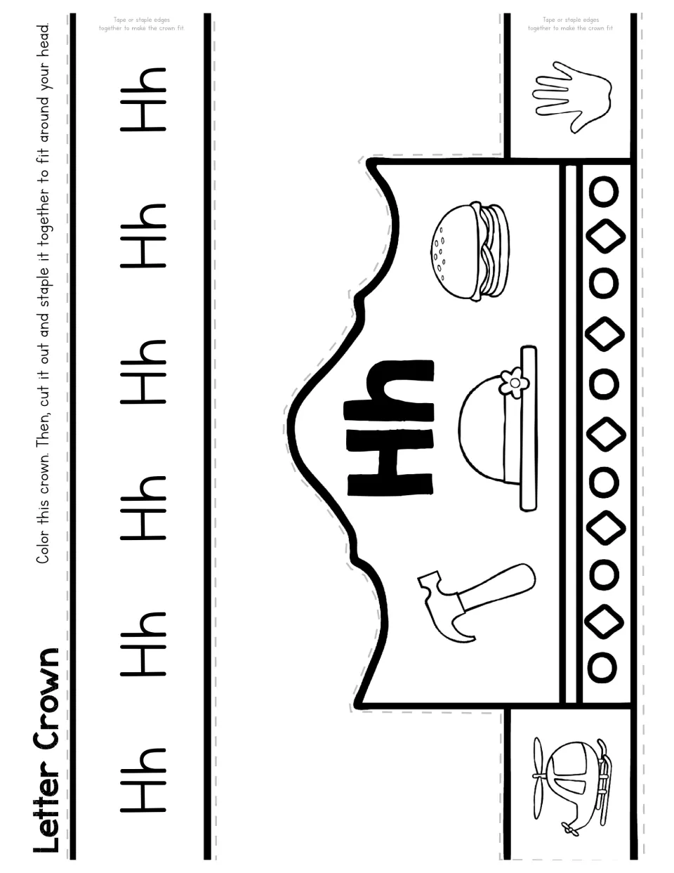 Letter H crown template shows uppercase and lowercase Hh with helicopter, hammer, hat, hamburger, and hand pictures.