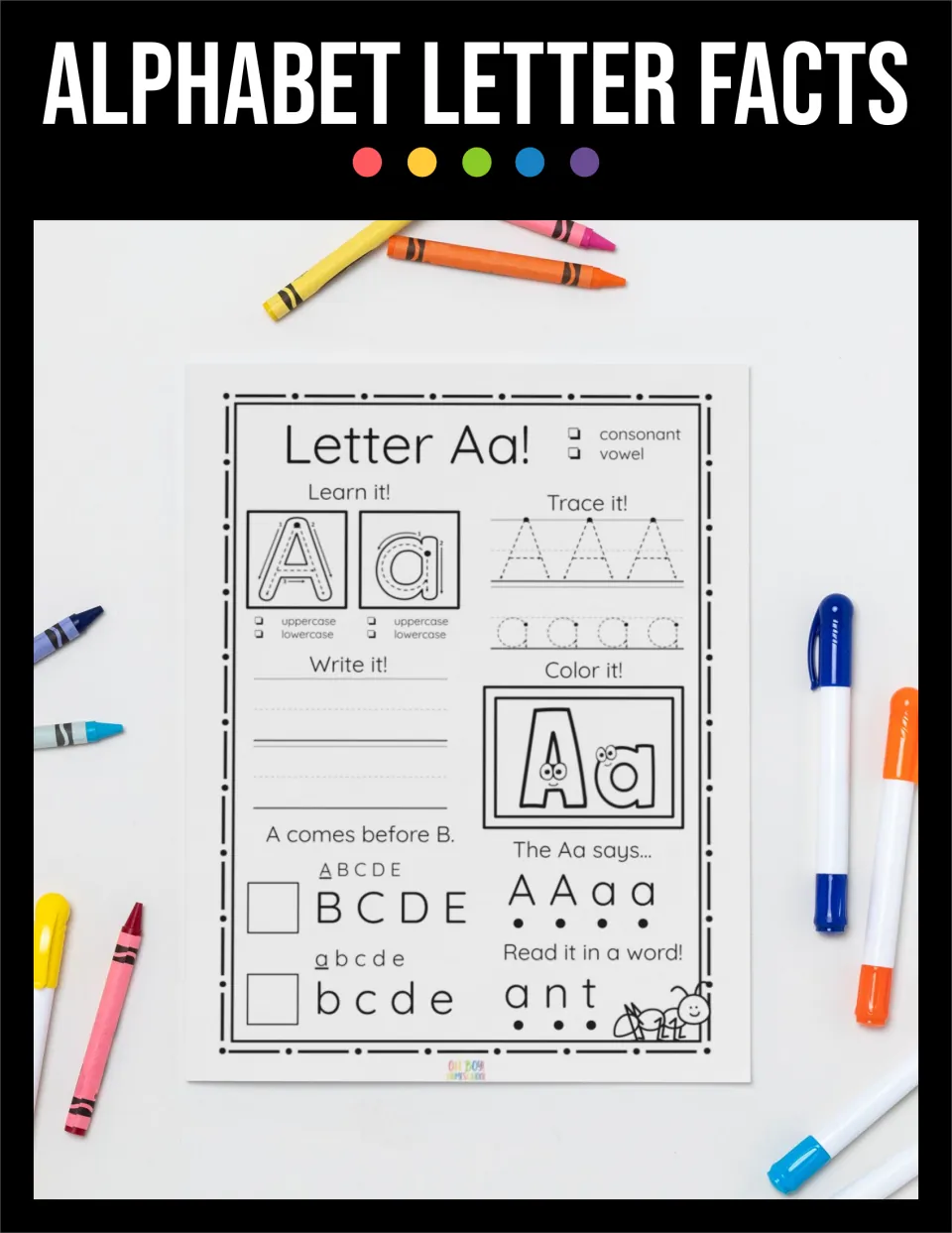Alphabet Letter Facts cover showing the Aa worksheet with tracing, writing, coloring, and the word ant