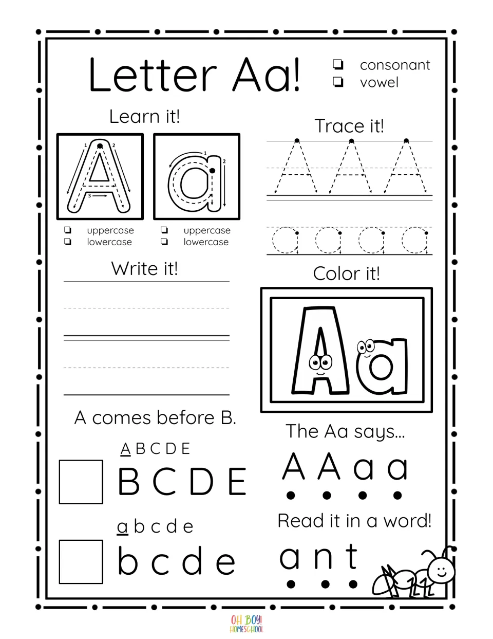 Letter Aa worksheet: trace and write A and a, color the letters, complete alphabet order, and read ant
