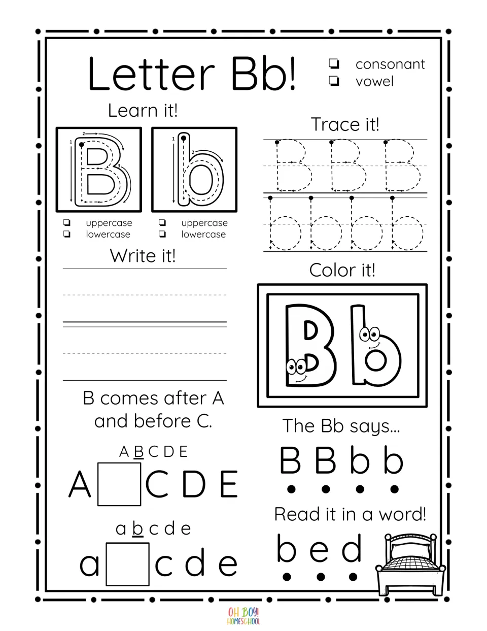 Letter Bb worksheet: trace and write B and b, color the letters, complete alphabet order, and read bed