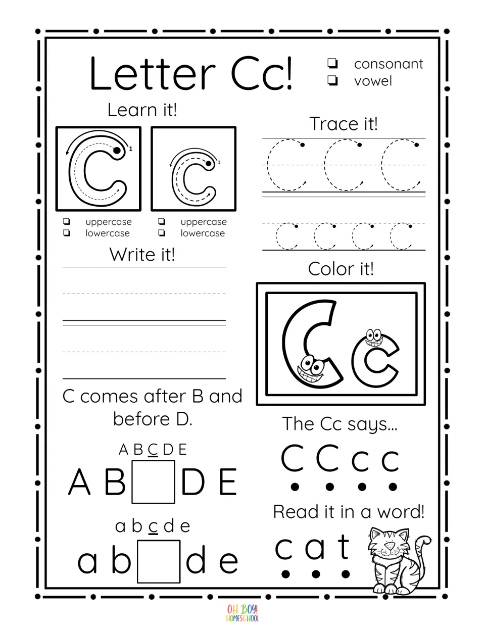 Letter Cc worksheet: trace and write C and c, color the letters, complete alphabet order, and read cat