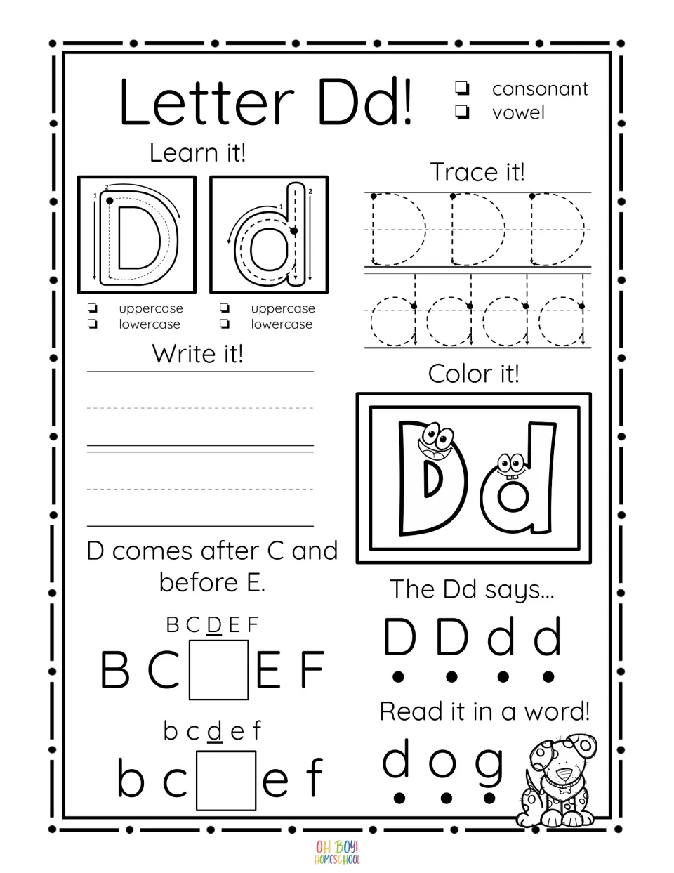 Letter Dd worksheet: trace and write D and d, color the letters, complete alphabet order, and read dog