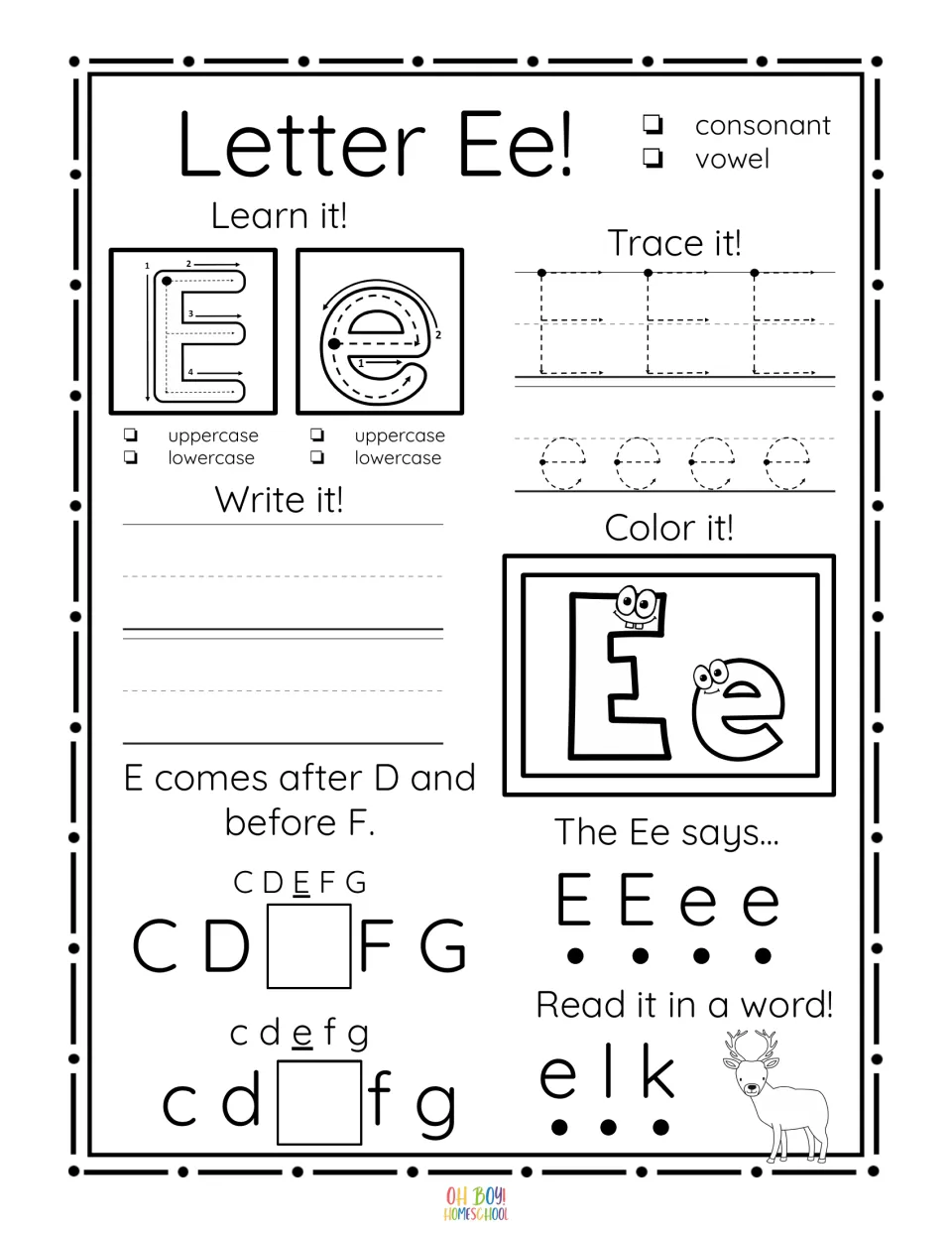 Letter Ee worksheet: trace and write E and e, color the letters, complete alphabet order, and read elk
