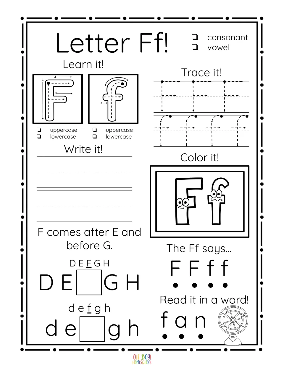 Letter Ff worksheet: trace and write F and f, color the letters, complete alphabet order, and read fan