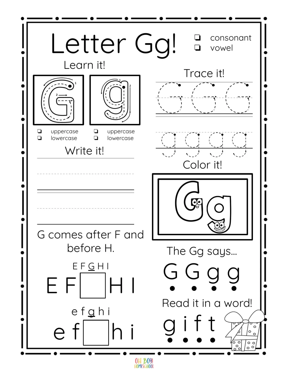 Letter Gg worksheet: trace and write G and g, color the letters, complete alphabet order, and read gift