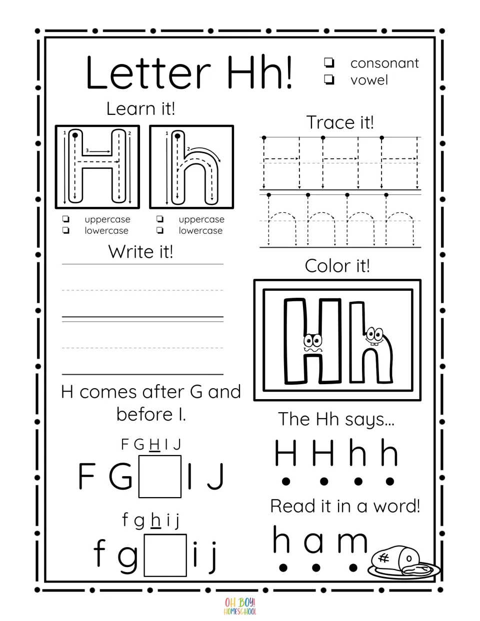 Letter Hh worksheet: trace and write H and h, color the letters, complete alphabet order, and read ham