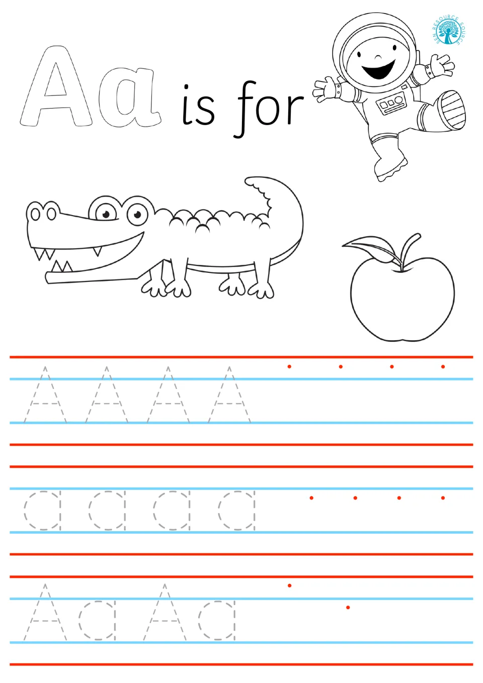 Aa is for alligator, apple and astronaut: students color, trace dashed A and a, then write the letter from red dots