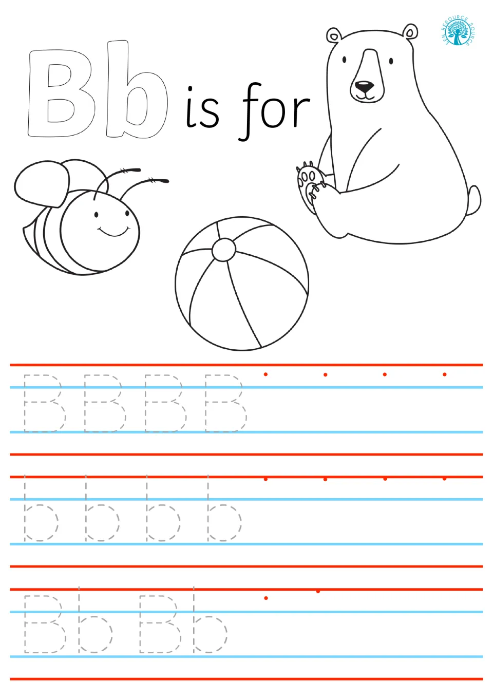Bb is for bee, ball and bear: students color the pictures, trace dashed B, b and Bb, then write each from red dots