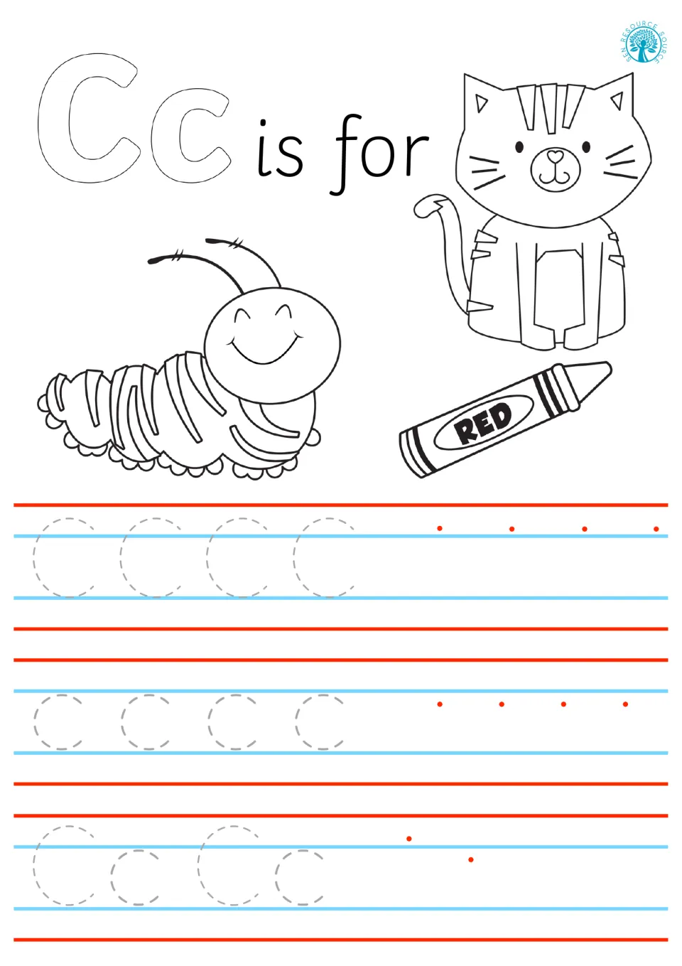 Cc is for caterpillar, cat and crayon: students trace dashed C, c and Cc, then form the letter alone at red dots